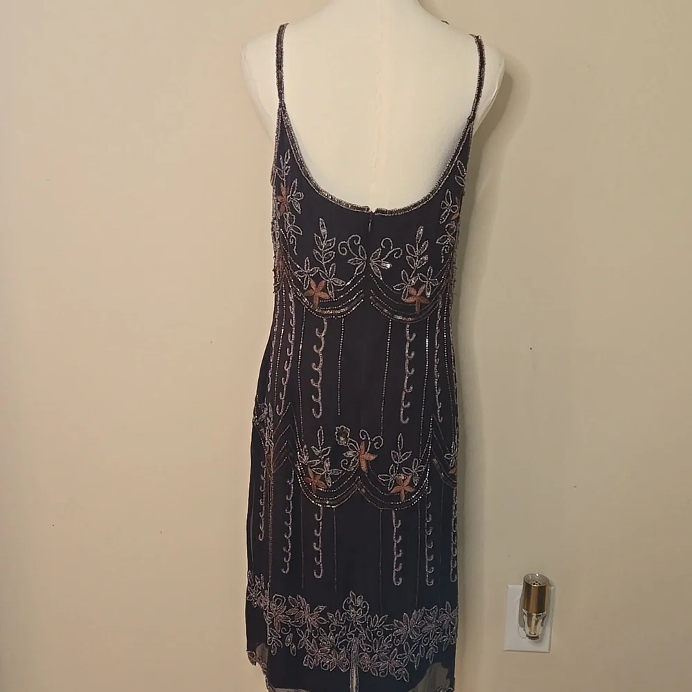 Vintage Papell Boutique Beaded Silk Slip Dress Brown 1920s Gatsby Evening Size 8 - Picture 7 of 10
